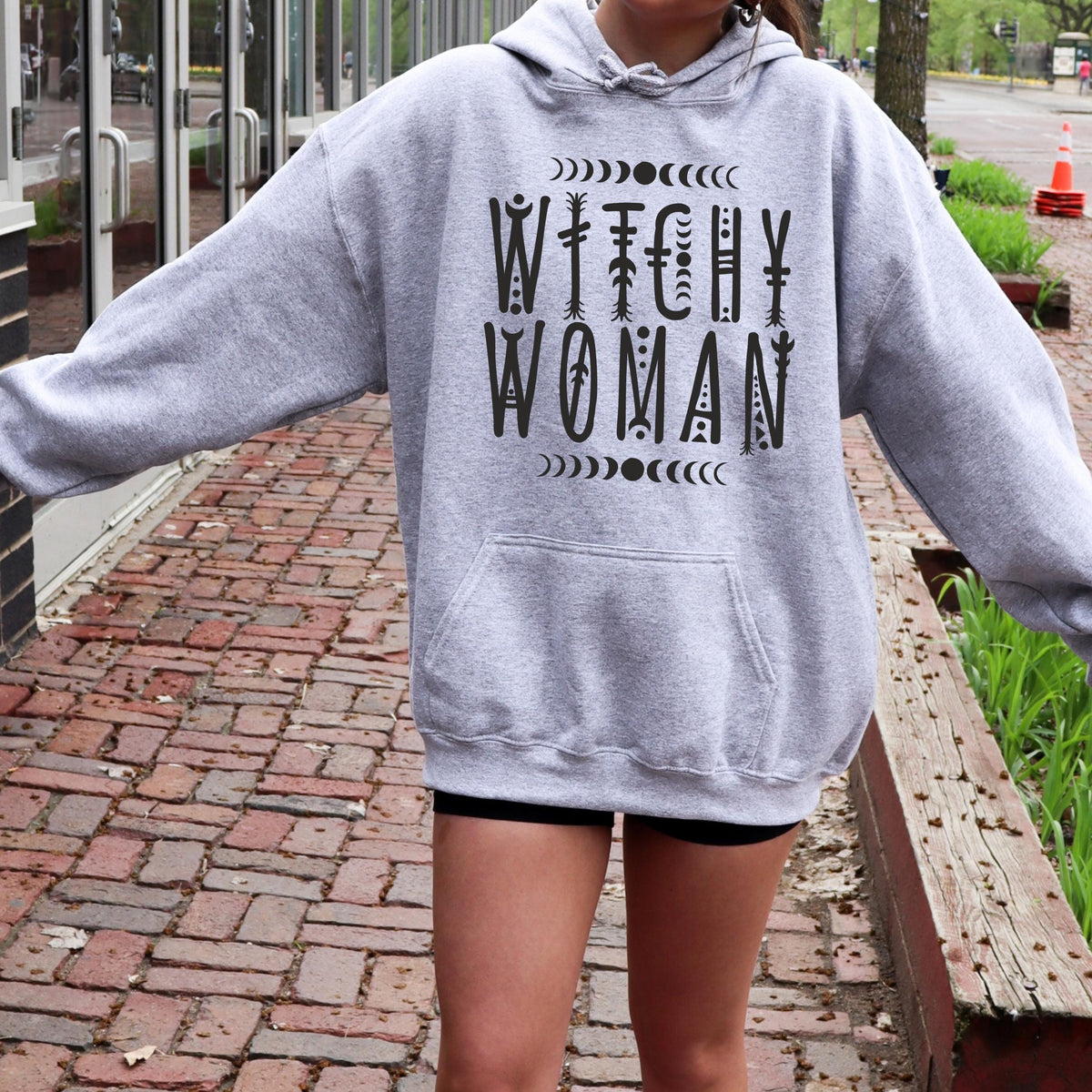 Witchy Woman graphic hoodie featuring Celestial Moon Phase Witch Graphic
