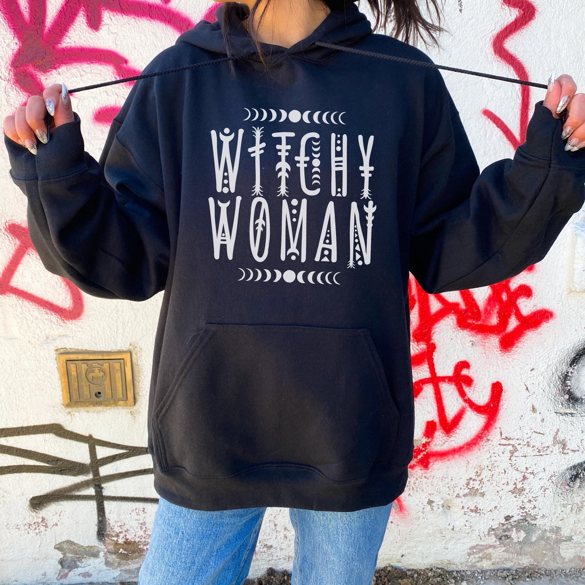Witchy Woman graphic hoodie featuring Celestial Moon Phase Witch Graphic in Dark Heather