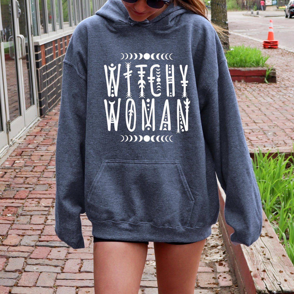 Witchy Woman graphic hoodie featuring Celestial Moon Phase Witch Graphic