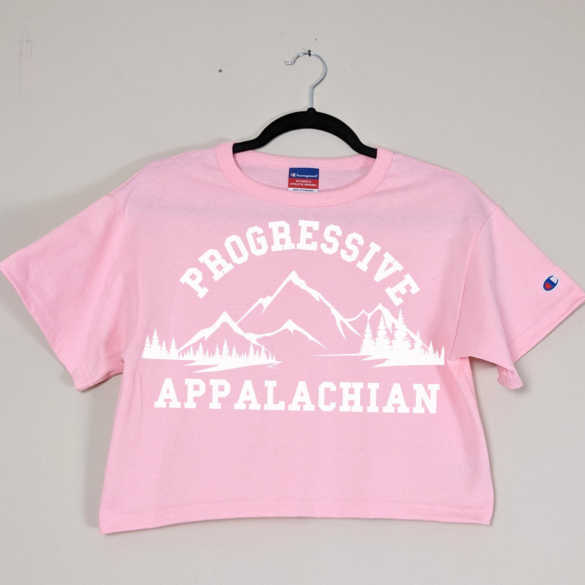 Progressive Appalachian Crop Top graphic shirt featuring Mountain Graphic Champion Tee