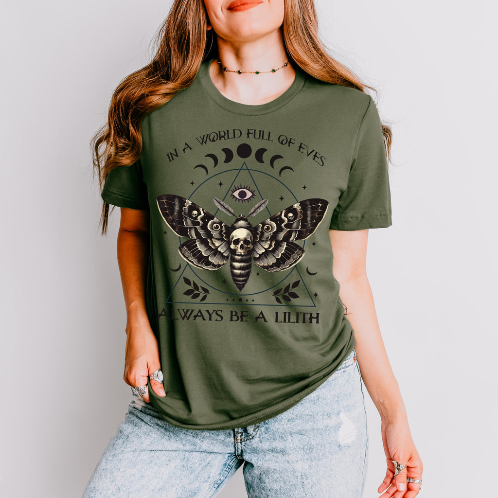 Always Be a Lilith graphic shirt featuring Feminist Witchy Moth Graphic Tee