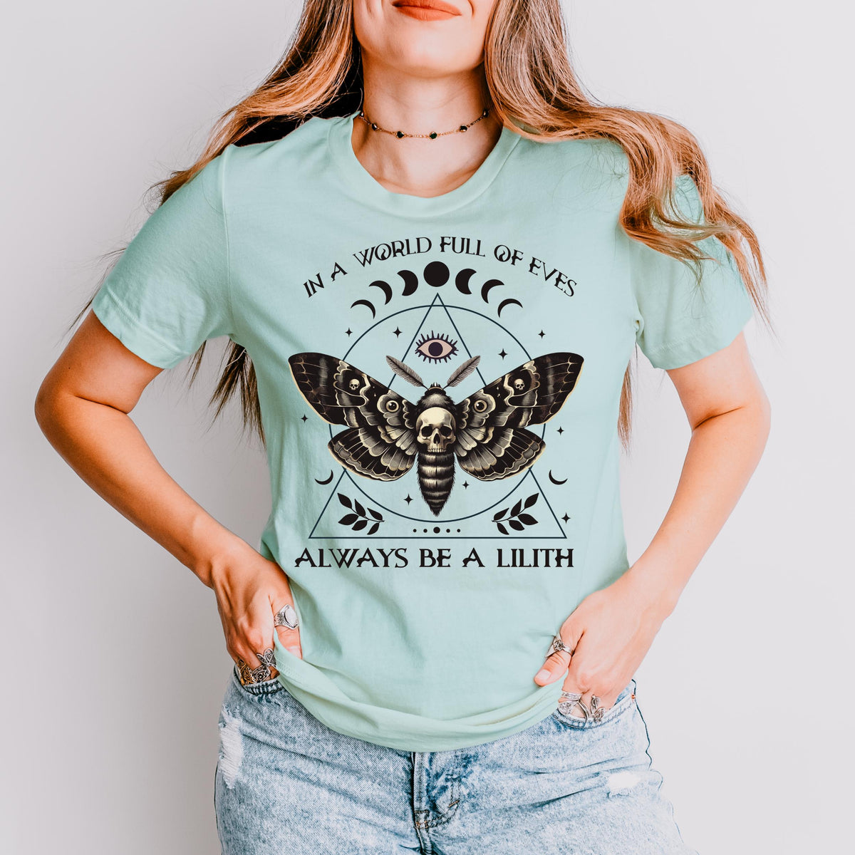 Always Be a Lilith graphic shirt featuring Feminist Witchy Moth Graphic Tee