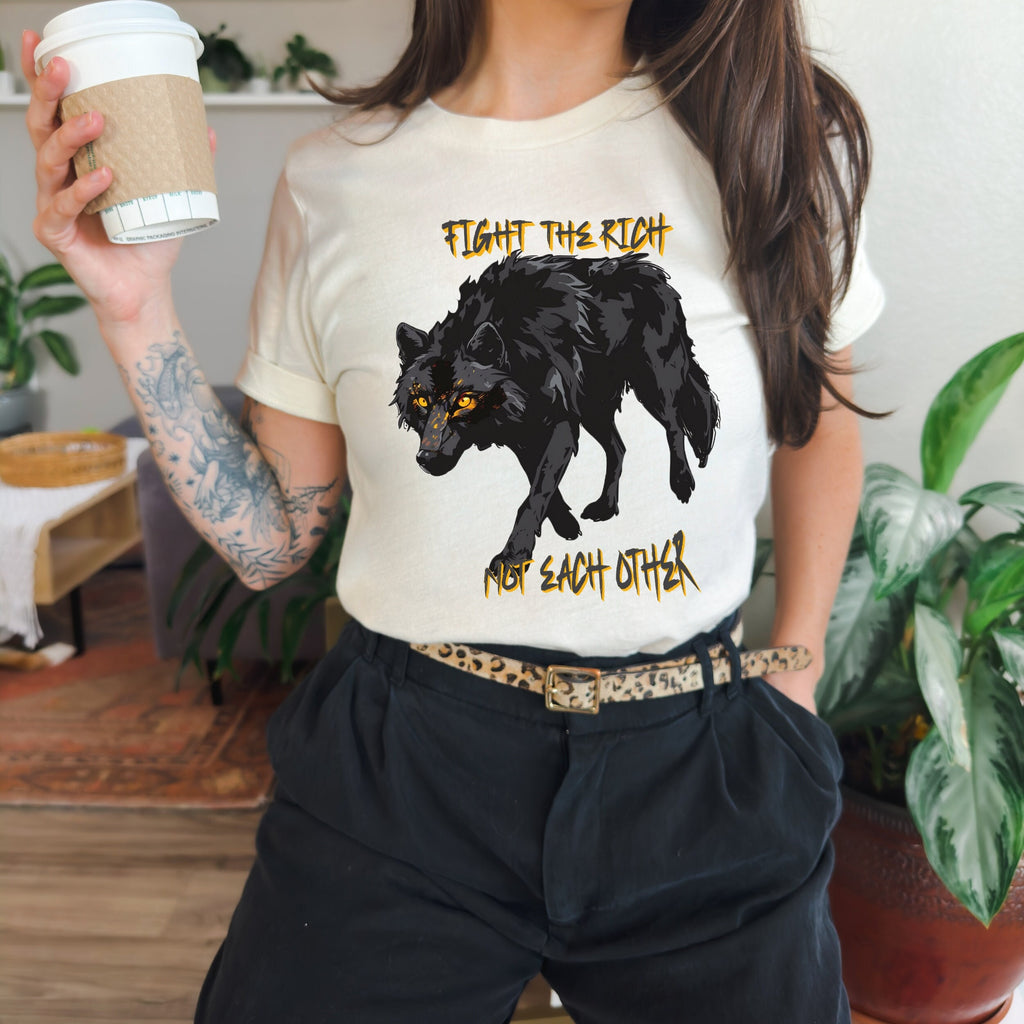 Fight the Rich Not Each Other graphic shirt featuring Anti-Oligarchy Wolf Graphic Tee