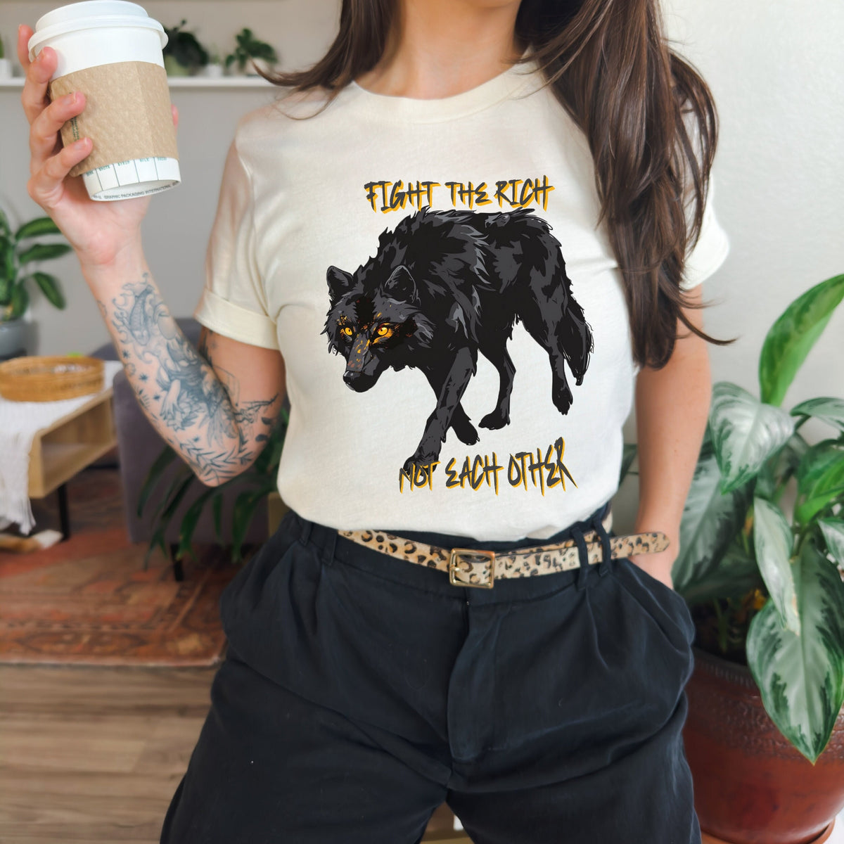 Fight the Rich Not Each Other graphic shirt featuring Anti-Oligarchy Wolf Graphic Tee