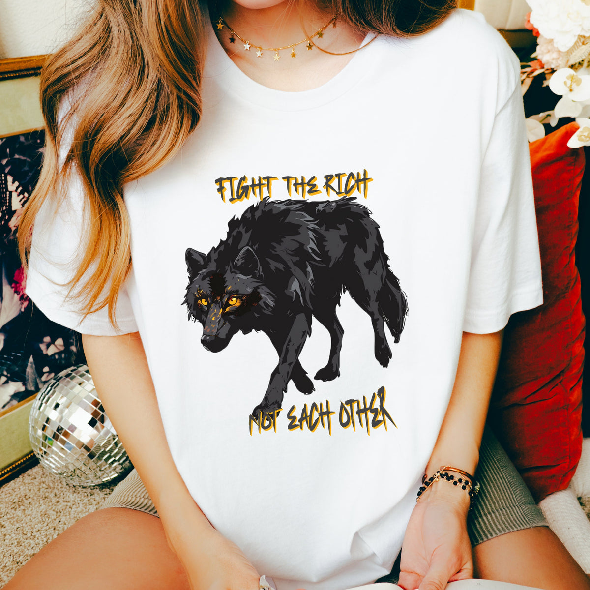 Fight the Rich Not Each Other graphic shirt featuring Anti-Oligarchy Wolf Graphic Tee in Army