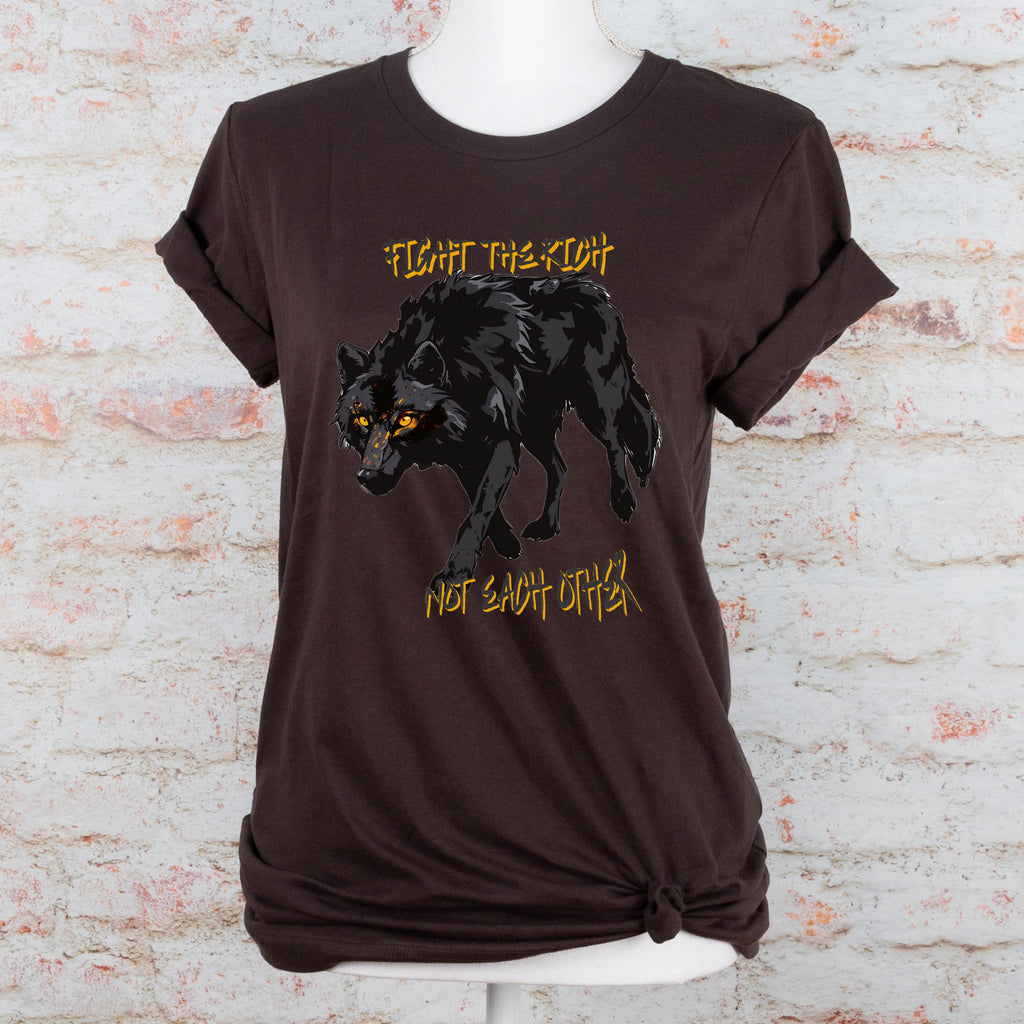 Fight the Rich Not Each Other graphic shirt featuring Anti-Oligarchy Wolf Graphic Tee
