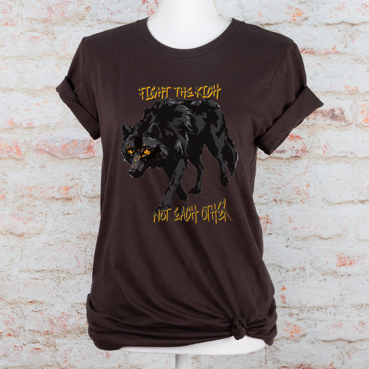 Fight the Rich Not Each Other graphic shirt featuring Anti-Oligarchy Wolf Graphic Tee