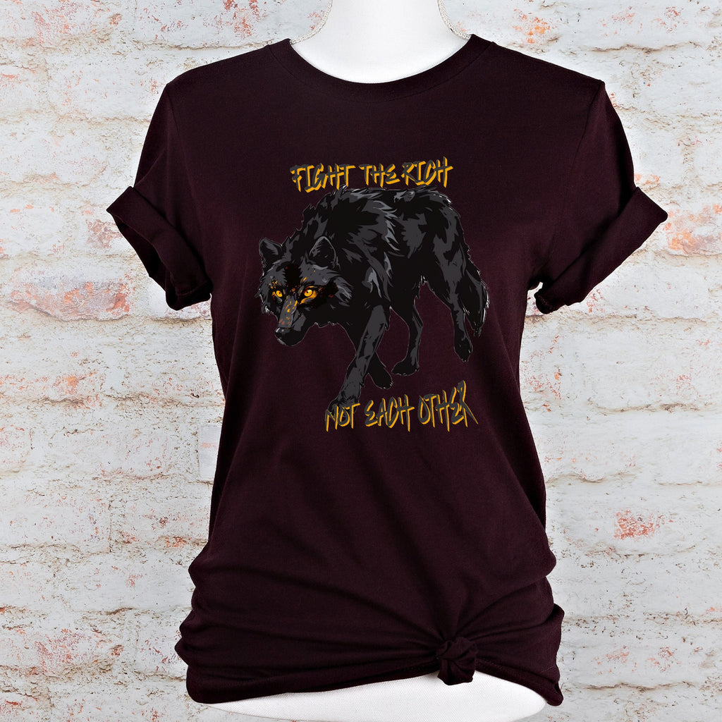Fight the Rich Not Each Other graphic shirt featuring Anti-Oligarchy Wolf Graphic Tee