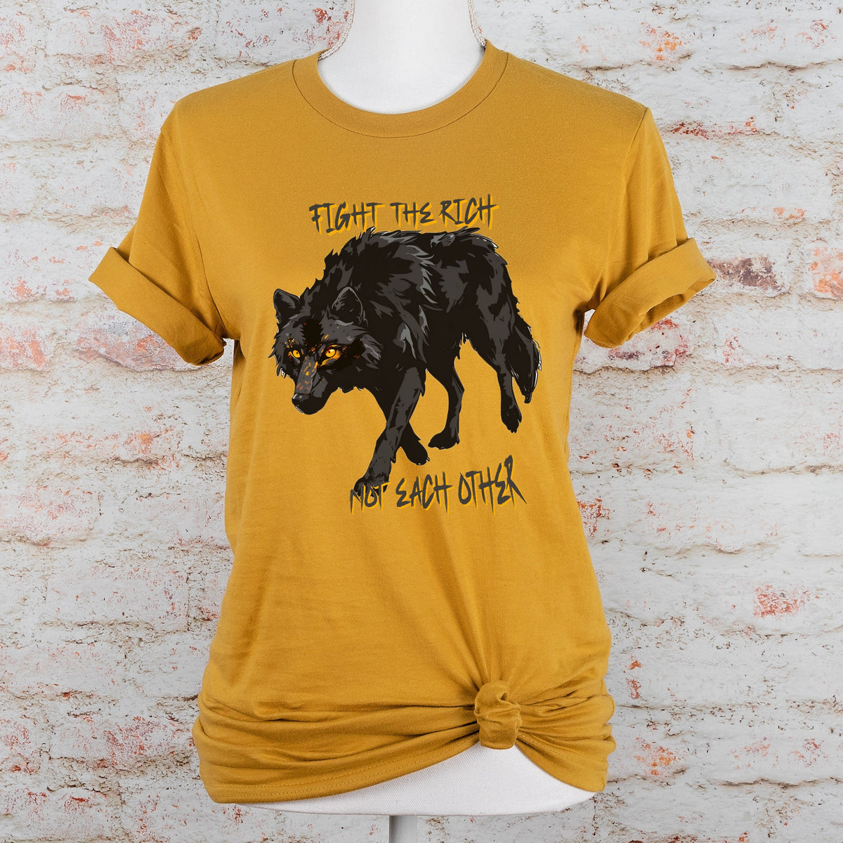 Fight the Rich Not Each Other graphic shirt featuring Anti-Oligarchy Wolf Graphic Tee