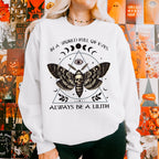 Always Be a Lilith graphic sweatshirt featuring Feminist Witchy Moth Crewneck in Ash