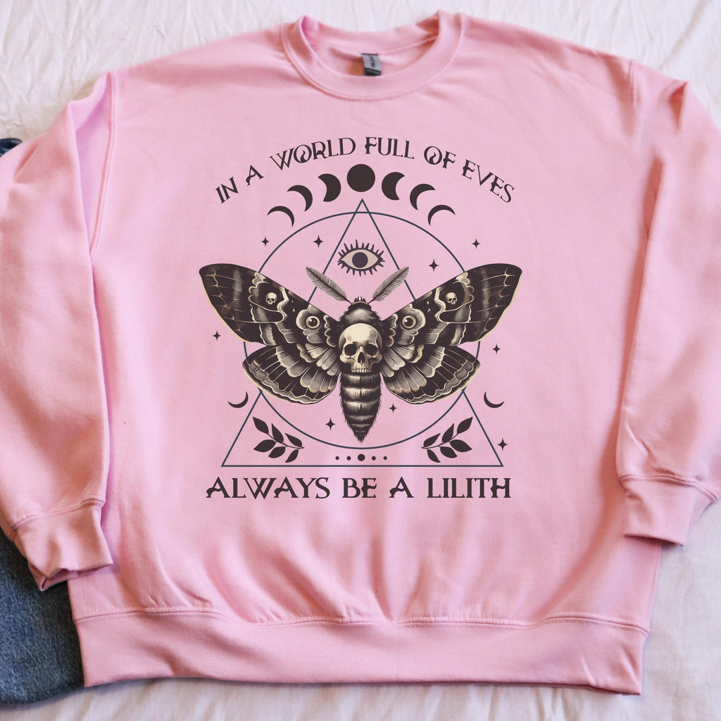 Always Be a Lilith graphic sweatshirt featuring Feminist Witchy Moth Crewneck