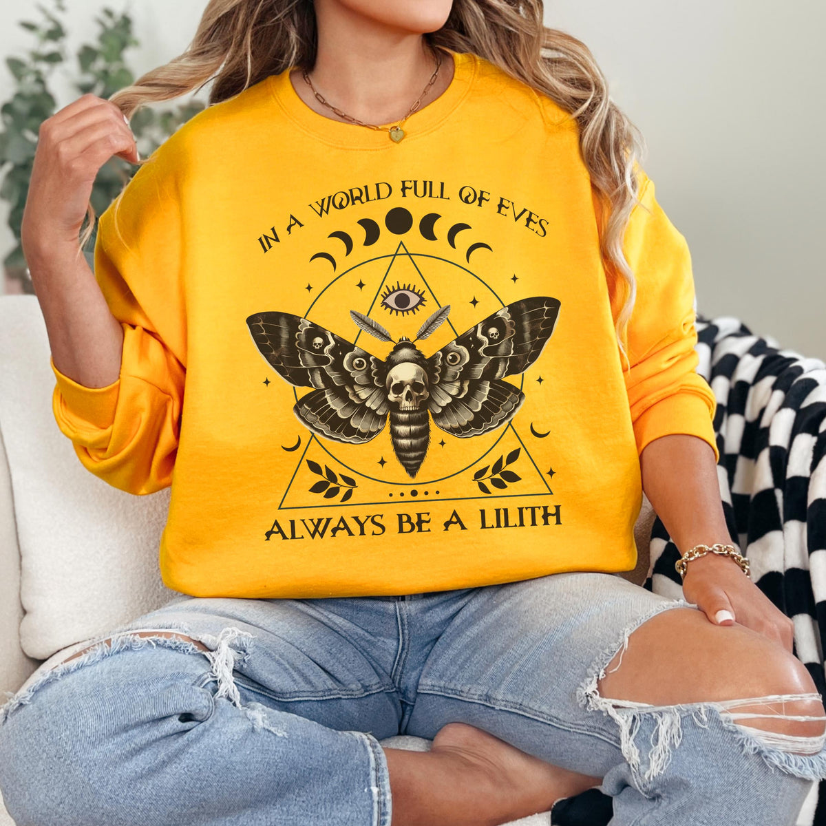Always Be a Lilith graphic sweatshirt featuring Feminist Witchy Moth Crewneck