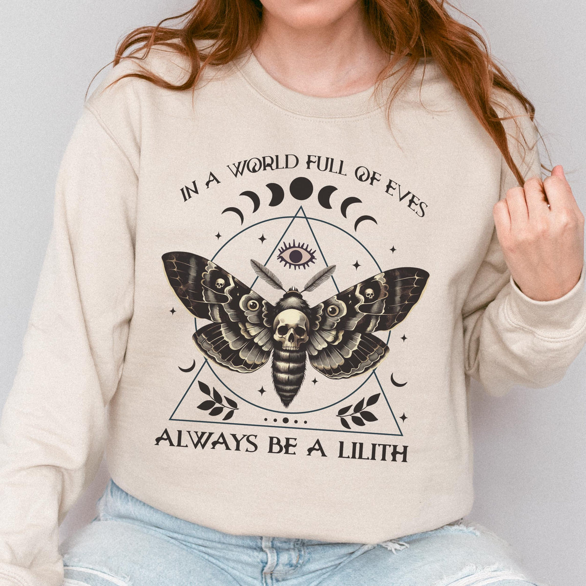 Always Be a Lilith graphic sweatshirt featuring Feminist Witchy Moth Crewneck