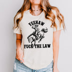 Yeehaw Fuck the Law graphic shirt featuring Outlaw Cowboy Western Graphic Tee