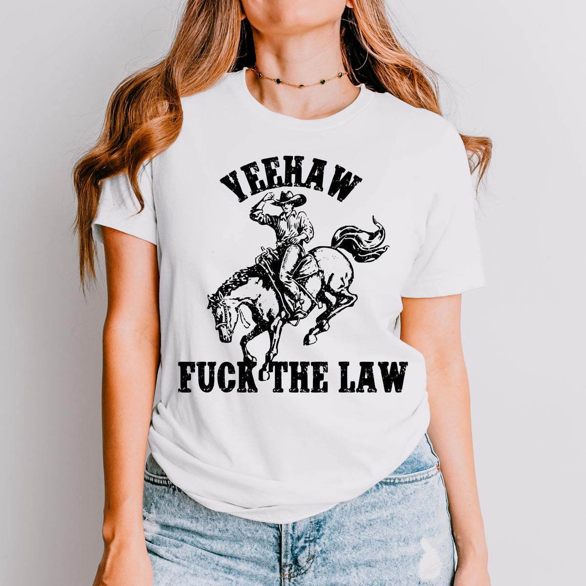 Yeehaw Fuck the Law graphic shirt featuring Outlaw Cowboy Western Graphic Tee in Black