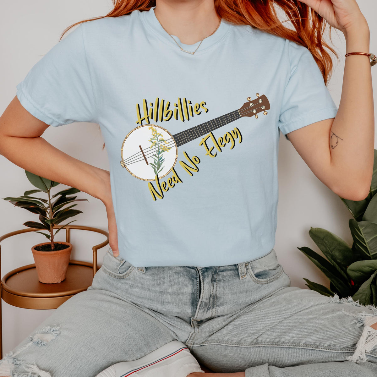 Hillbillies Need No Elegy graphic shirt featuring Appalachian Banjo Graphic Tee
