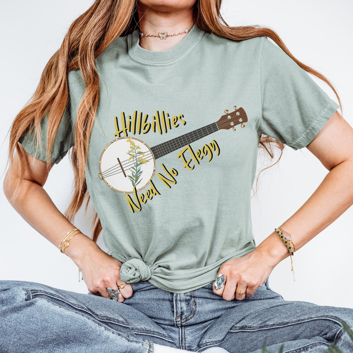 Hillbillies Need No Elegy graphic shirt featuring Appalachian Banjo Graphic Tee