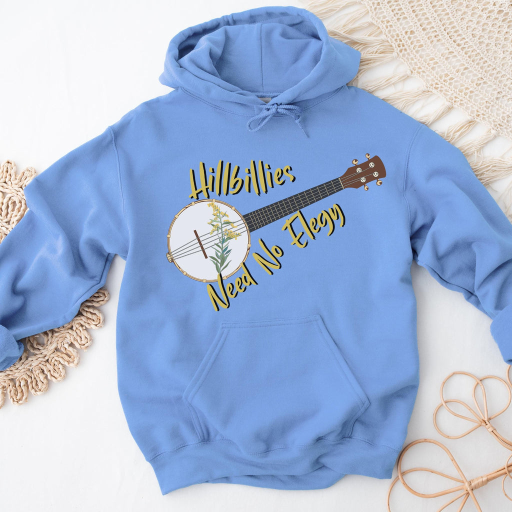 Hillbillies Need No Elegy graphic hoodie featuring Appalachian Banjo Sweatshirt in Maroon