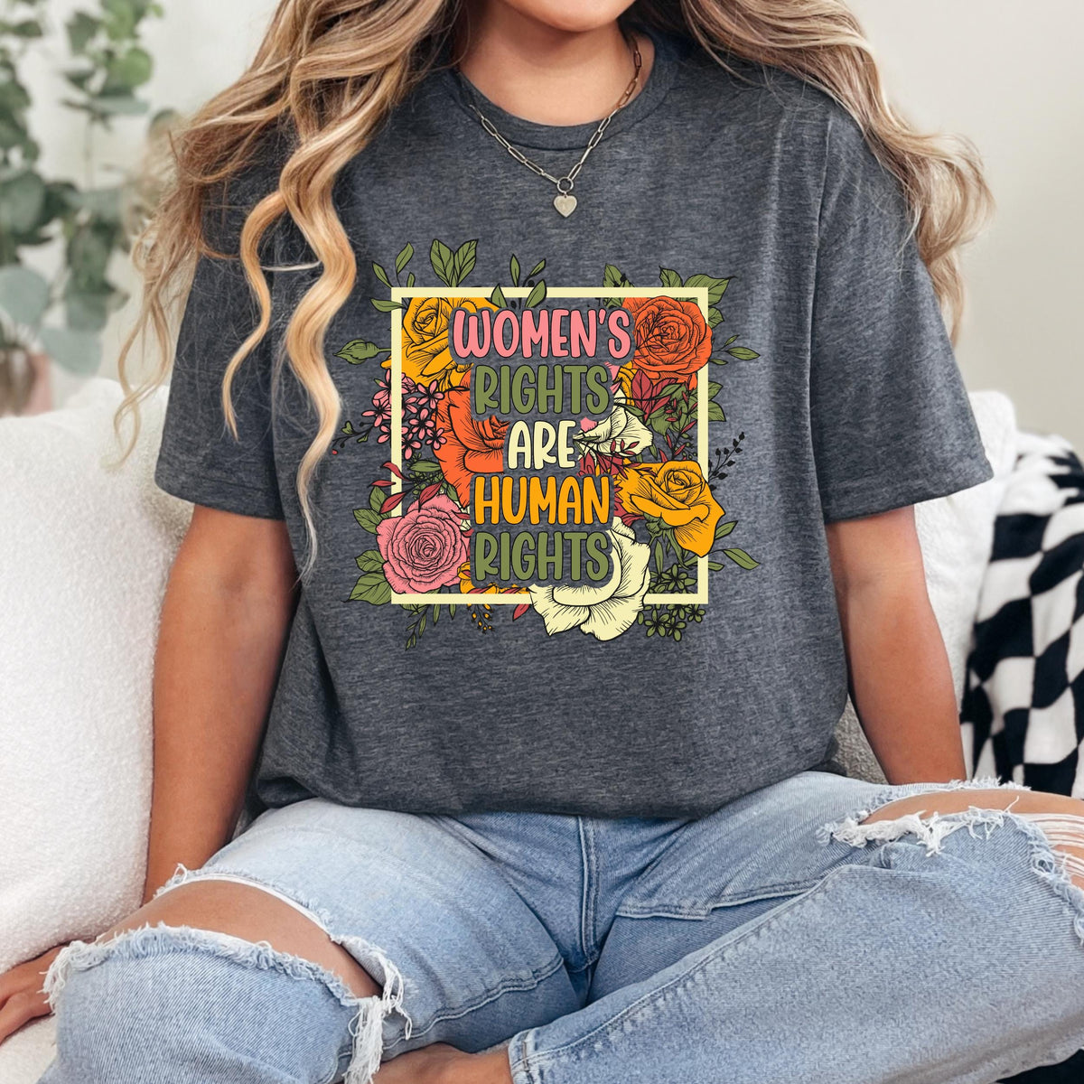 Women’s Rights Are Human Rights graphic shirt featuring Retro Floral Feminist Tee