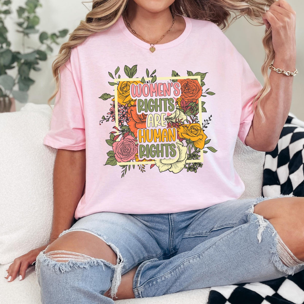 Women’s Rights Are Human Rights graphic shirt featuring Retro Floral Feminist Tee