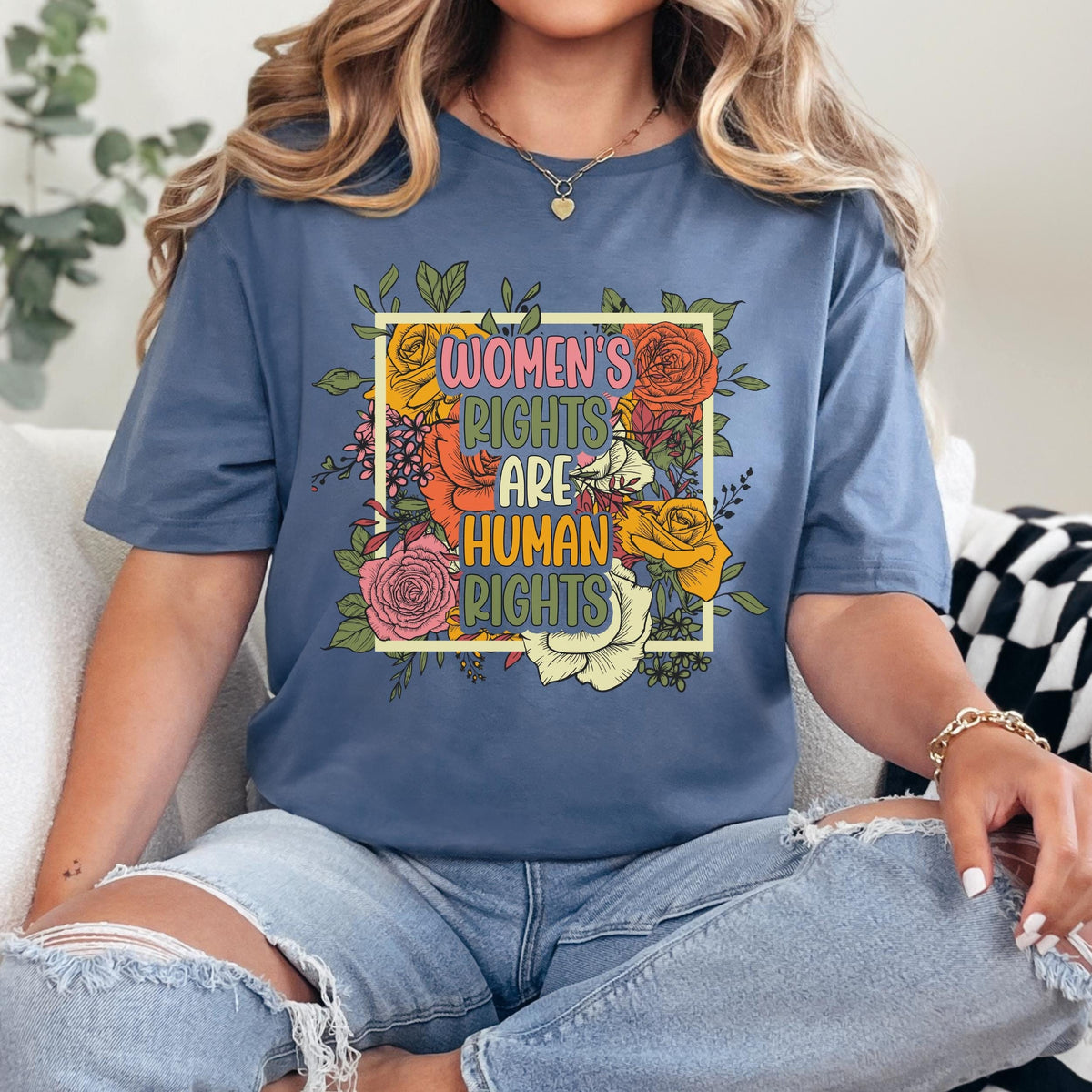 Women’s Rights Are Human Rights graphic shirt featuring Retro Floral Feminist Tee