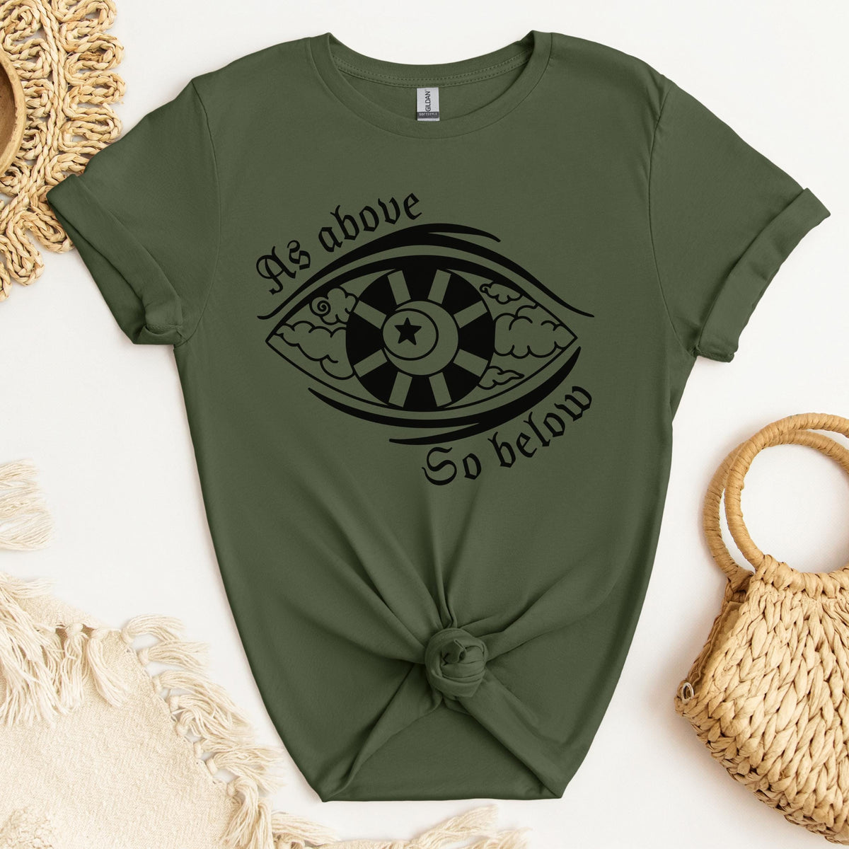 Esoteric Eye graphic shirt featuring "As Above, So Below" Mystical Graphic Tee