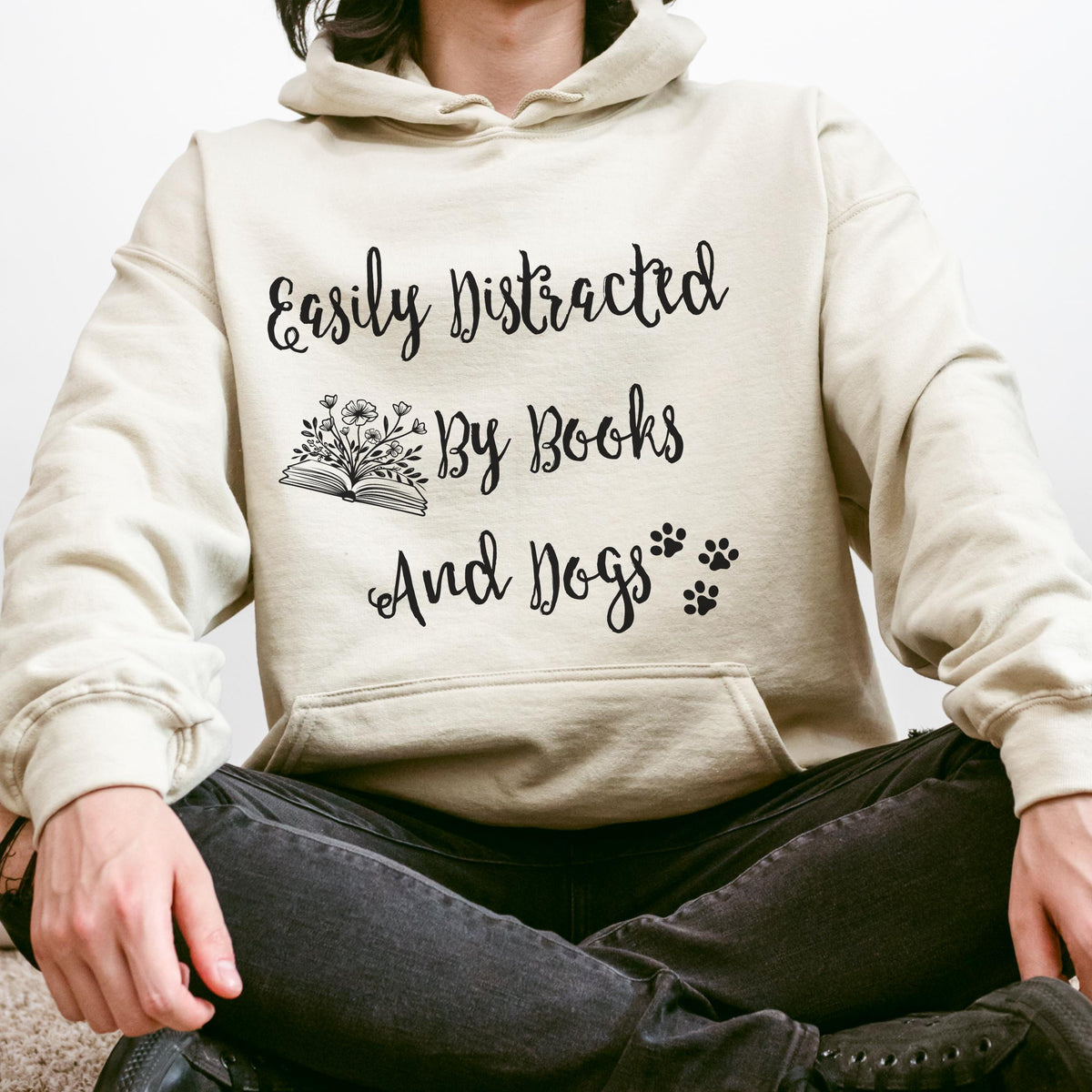 Easily Distracted by Books and Dogs graphic hoodie featuring Book Lover Dog Mom Sweatshirt