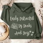 Easily Distracted by Books and Dogs graphic hoodie featuring Book Lover Dog Mom Sweatshirt