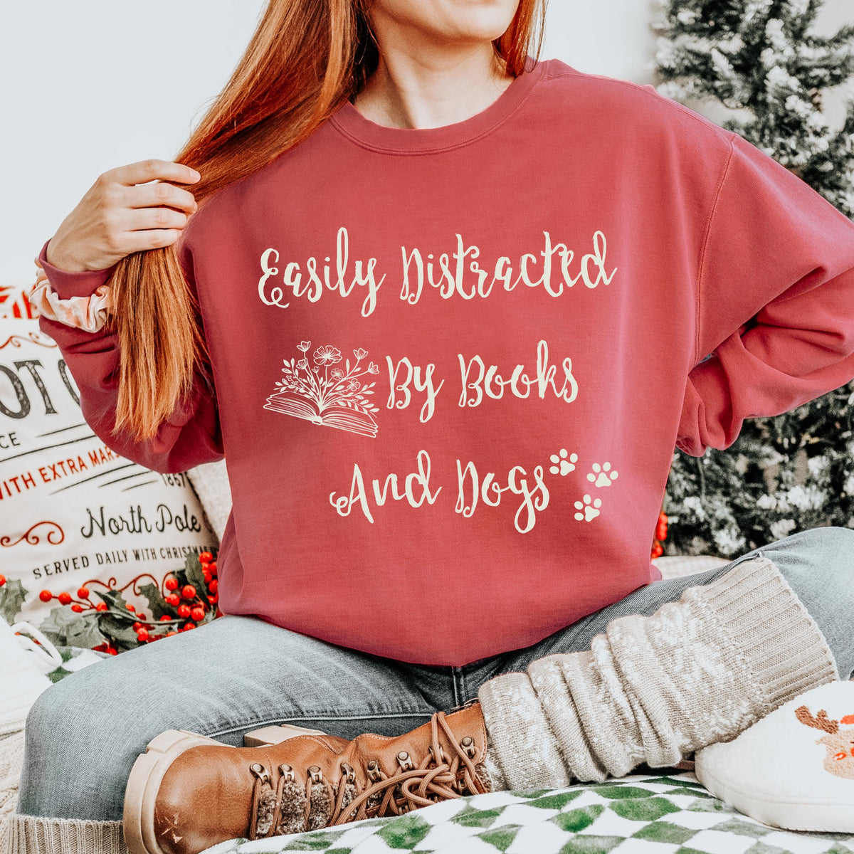 Easily Distracted by Books and Dogs graphic sweatshirt featuring Book Lover Dog Crewneck