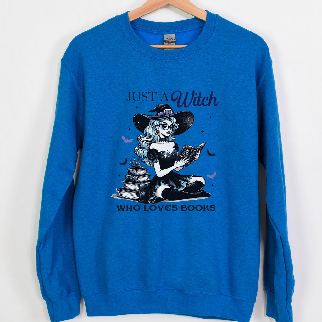 Just a Witch Who Loves Books graphic sweatshirt featuring Witchy Book Lover Crewneck