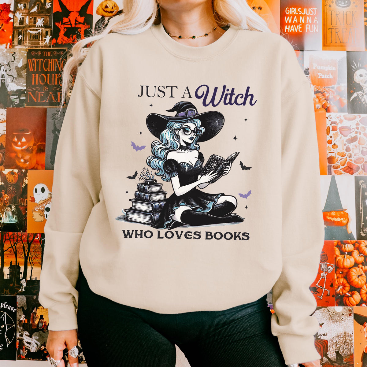 Just a Witch Who Loves Books graphic sweatshirt featuring Witchy Book Lover Crewneck