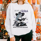 Just a Witch Who Loves Books graphic sweatshirt featuring Witchy Book Lover Crewneck