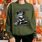 Just a Witch Who Loves Books graphic sweatshirt featuring Witchy Book Lover Crewneck
