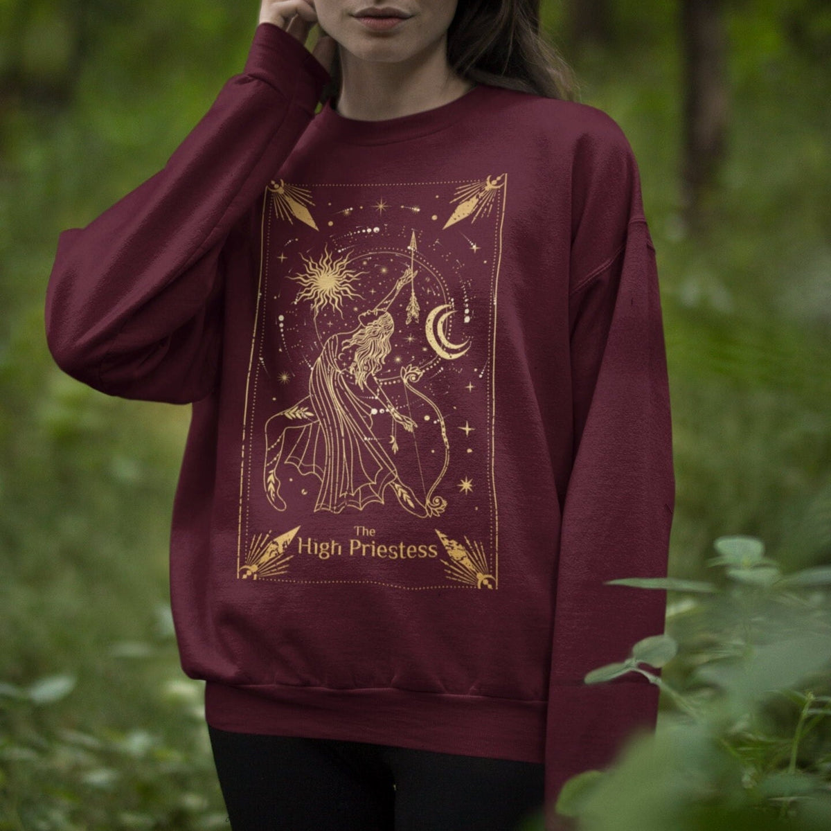 High Priestess Tarot graphic sweatshirt featuring Celestial Witchy Crewneck