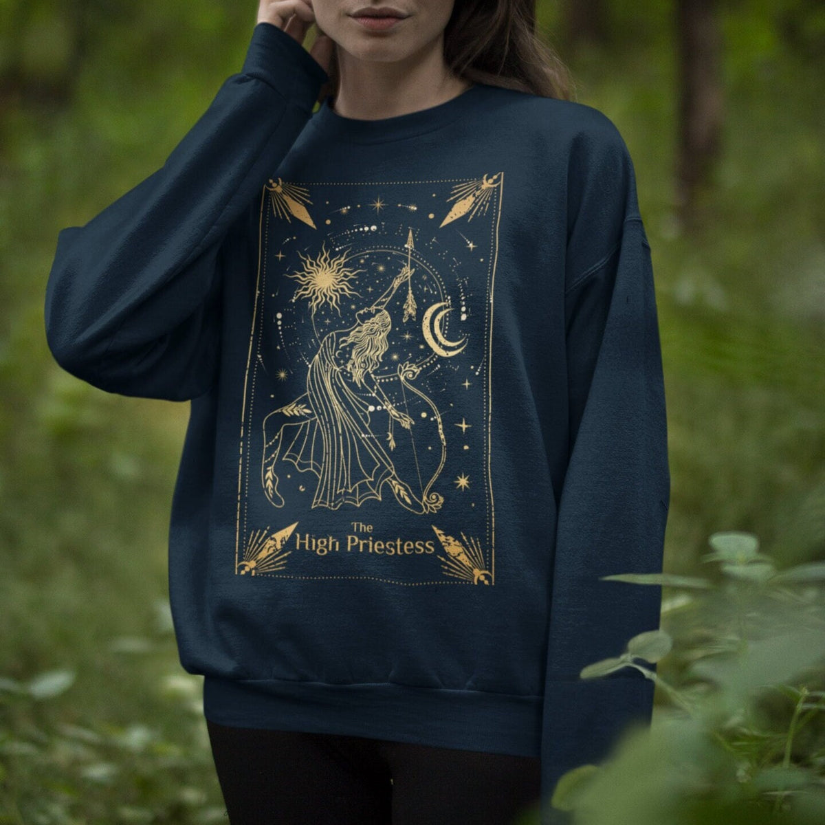 High Priestess Tarot graphic sweatshirt featuring Celestial Witchy Crewneck