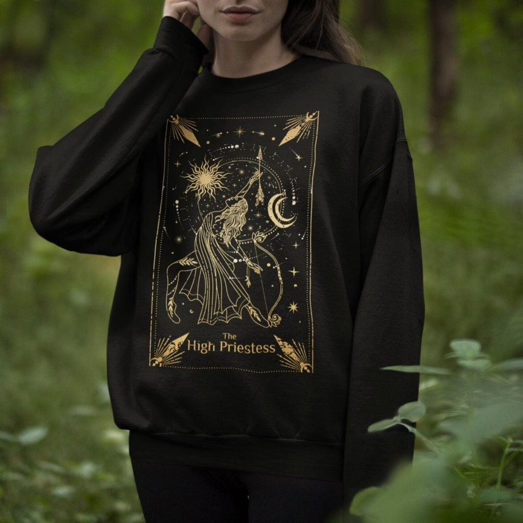 High Priestess Tarot graphic sweatshirt featuring Celestial Witchy Crewneck in Black