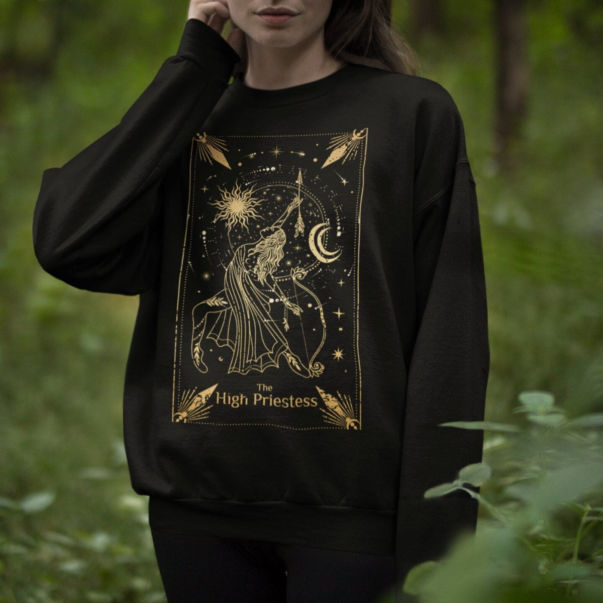 High Priestess Tarot graphic sweatshirt featuring Celestial Witchy Crewneck in Black