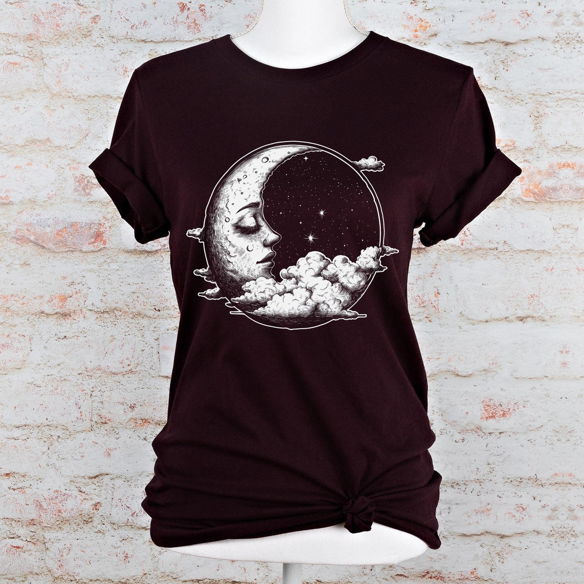 Celestial Moon Face graphic shirt featuring Witchy Crescent Moon Graphic Tee in Black