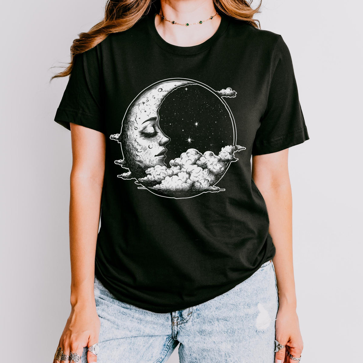 Celestial Moon Face graphic shirt featuring Witchy Crescent Moon Graphic Tee