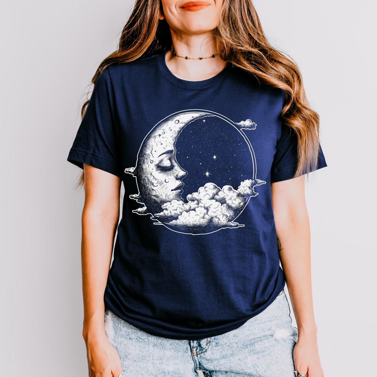Celestial Moon Face graphic shirt featuring Witchy Crescent Moon Graphic Tee