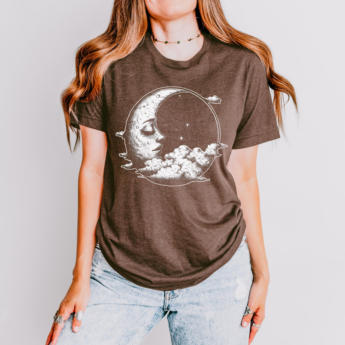 Celestial Moon Face graphic shirt featuring Witchy Crescent Moon Graphic Tee