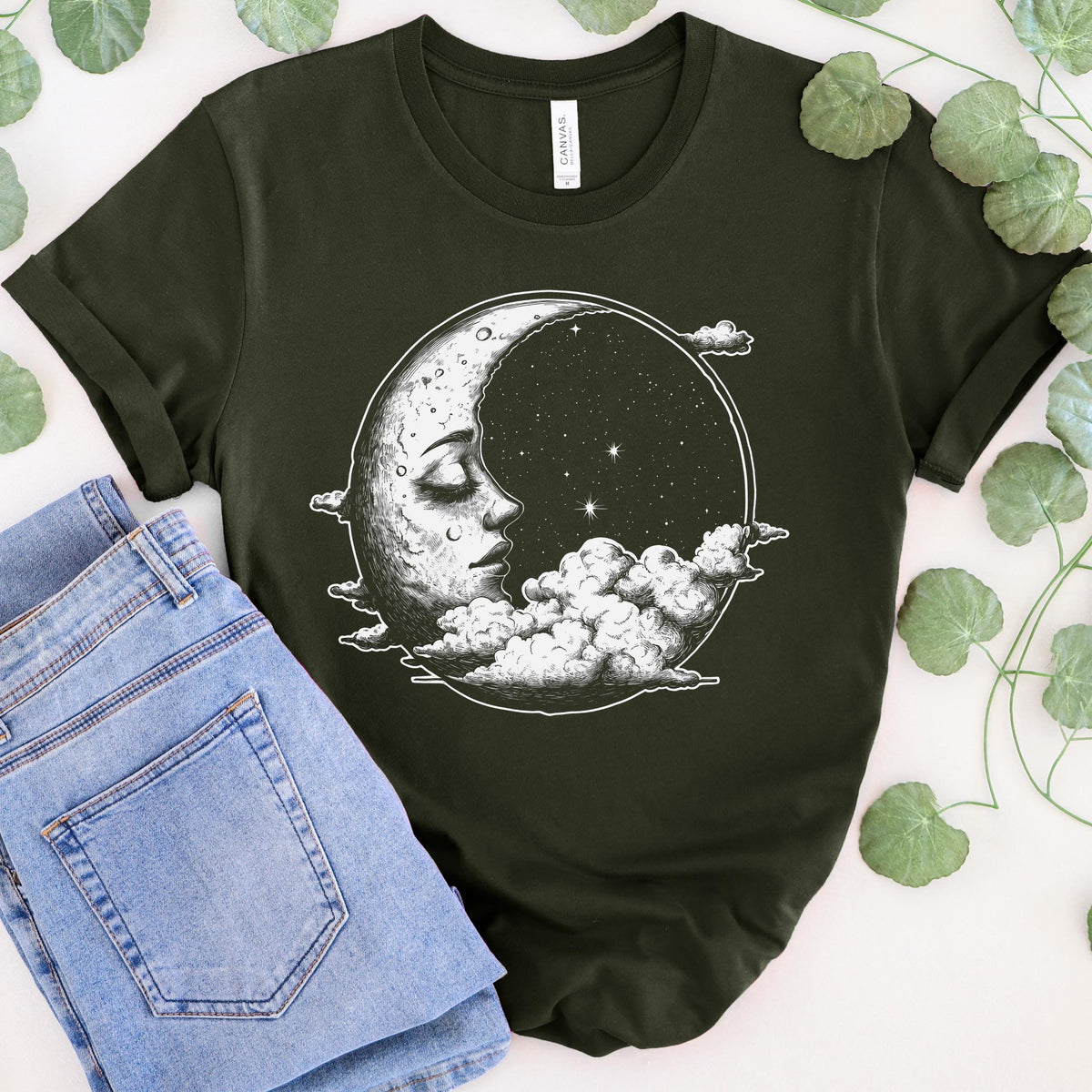 Celestial Moon Face graphic shirt featuring Witchy Crescent Moon Graphic Tee