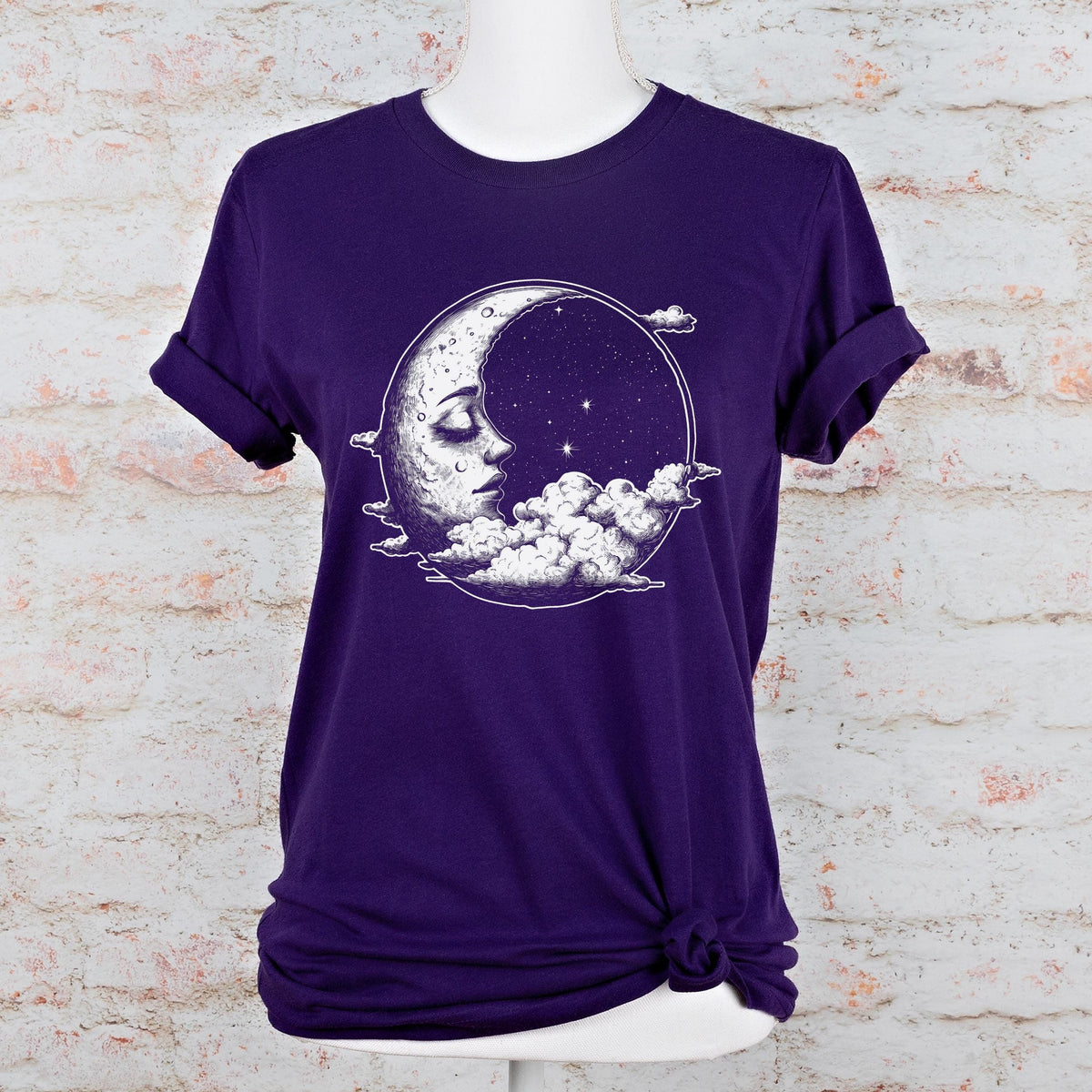 Celestial Moon Face graphic shirt featuring Witchy Crescent Moon Graphic Tee