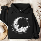 Celestial Moon Face graphic hoodie featuring Witchy Crescent Moon Pullover