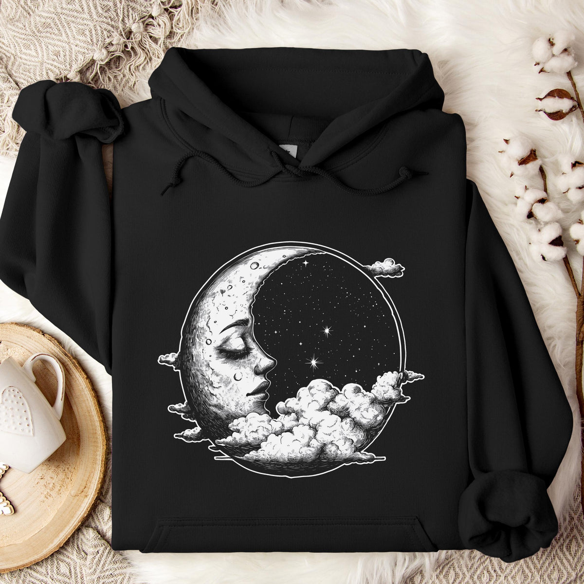 Celestial Moon Face graphic hoodie featuring Witchy Crescent Moon Pullover