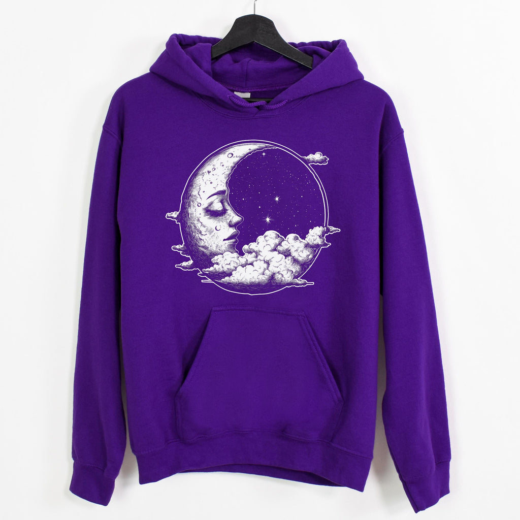 Celestial Moon Face graphic hoodie featuring Witchy Crescent Moon Pullover