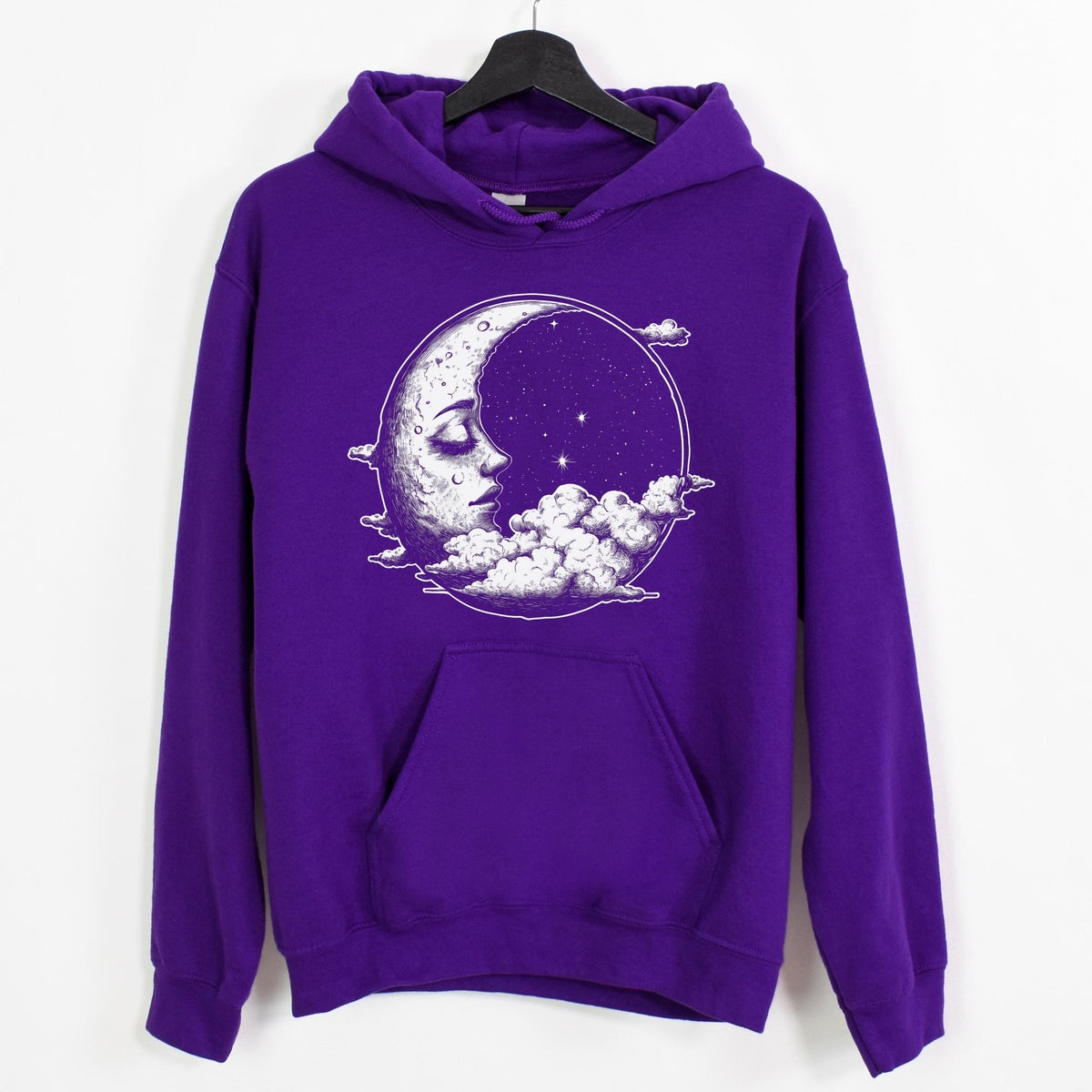 Celestial Moon Face graphic hoodie featuring Witchy Crescent Moon Pullover