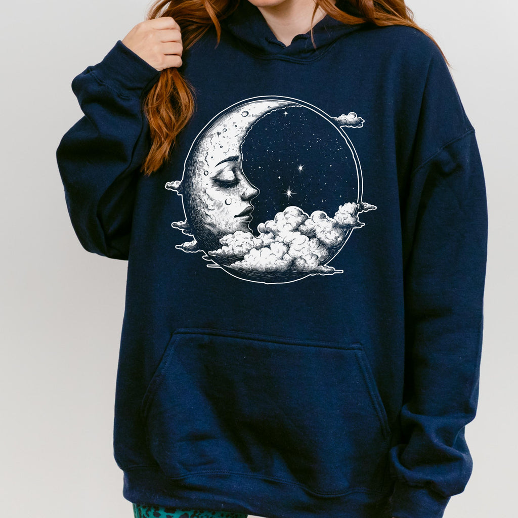 Celestial Moon Face graphic hoodie featuring Witchy Crescent Moon Pullover in Maroon