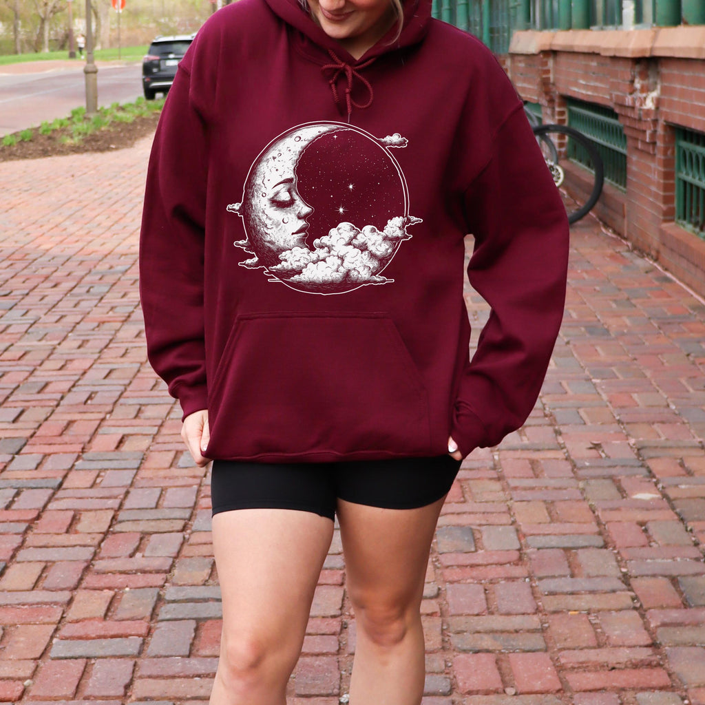 Celestial Moon Face graphic hoodie featuring Witchy Crescent Moon Pullover