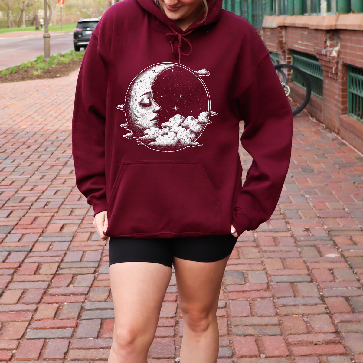 Celestial Moon Face graphic hoodie featuring Witchy Crescent Moon Pullover